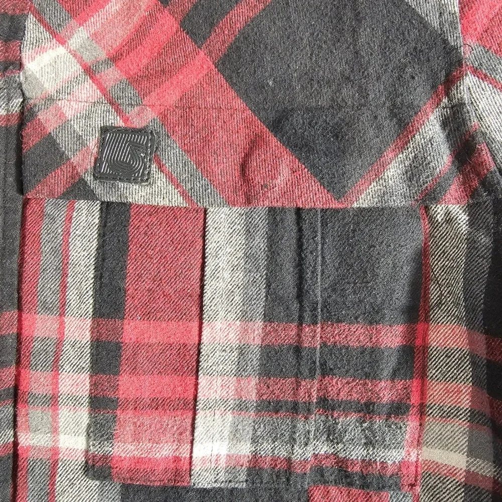 Burton Plaid Flannel Shirt‎ Jacket Men's Medium Red Black Gray Zip Pockets